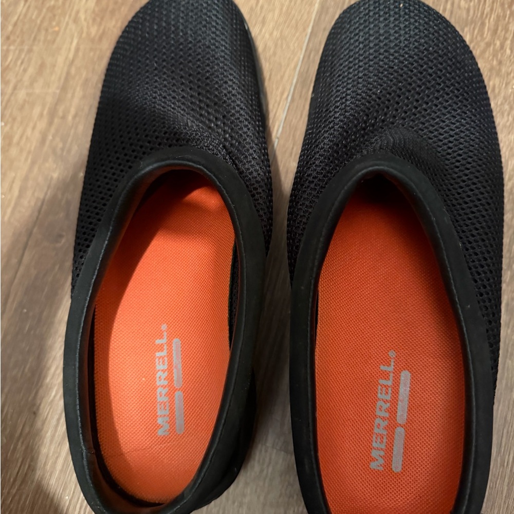 Merrell Black Mesh Slip-Ons with Orange Interior